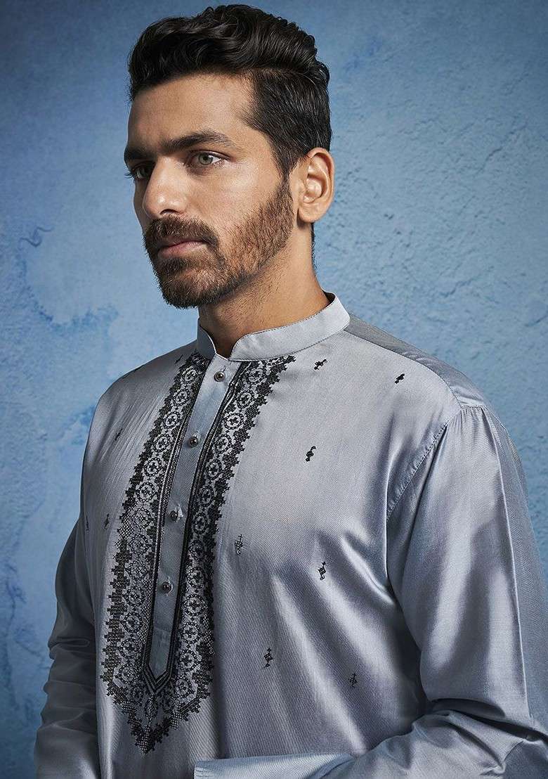 Grey Embroidered Silk Kurta For Men - Indya