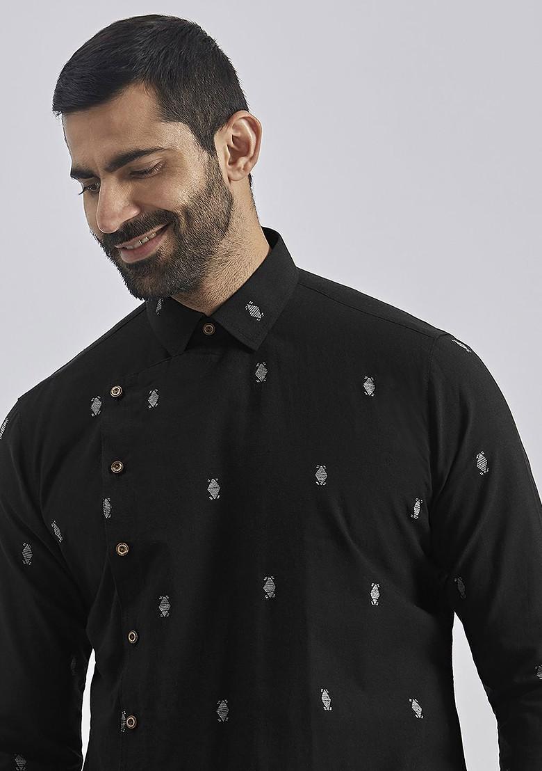 Black Ethnic Motifs Jacquard Kurta For Men