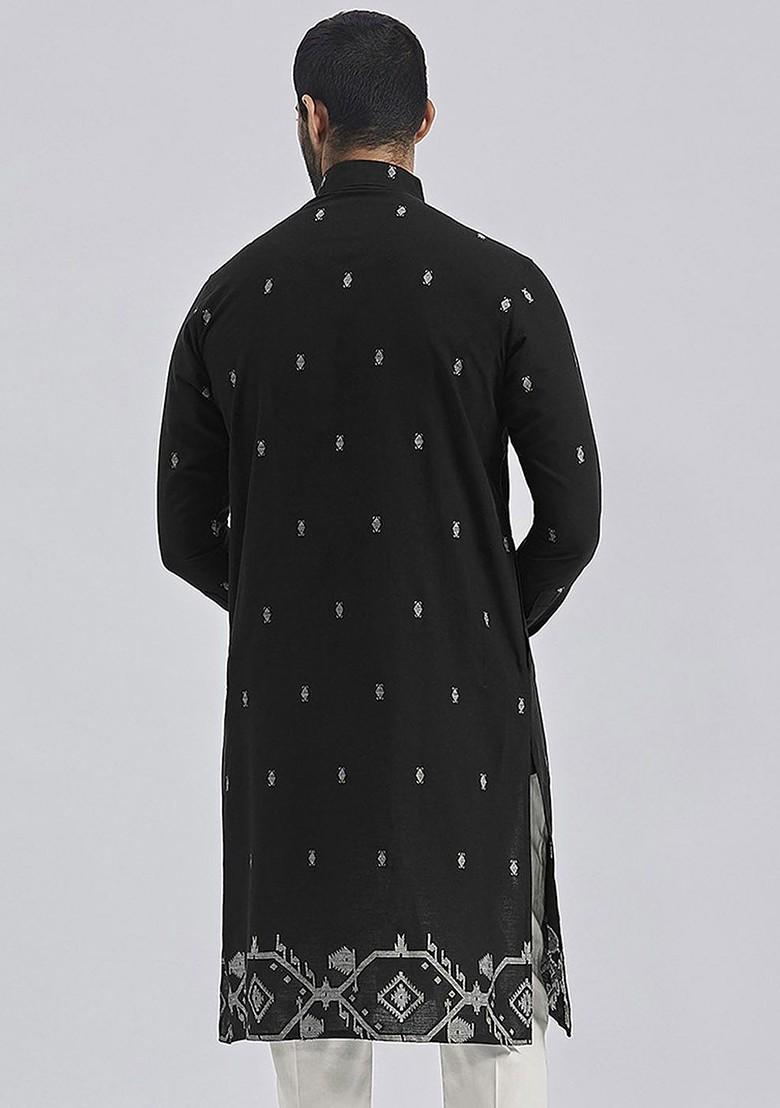Black Ethnic Motifs Jacquard Kurta For Men