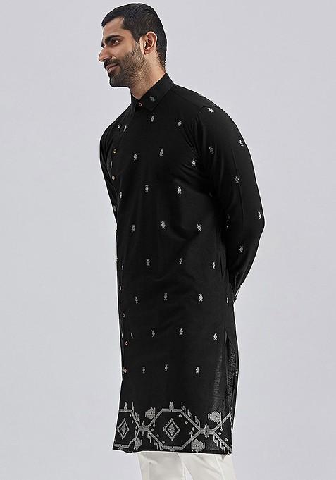 Black Ethnic Motifs Jacquard Kurta For Men