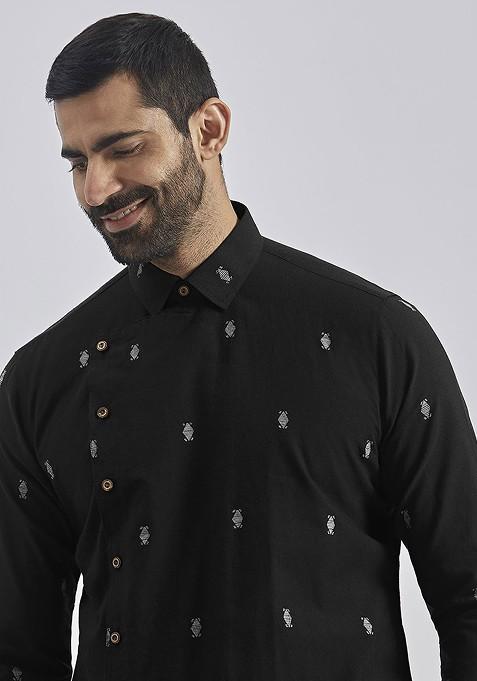 Black Ethnic Motifs Jacquard Kurta For Men
