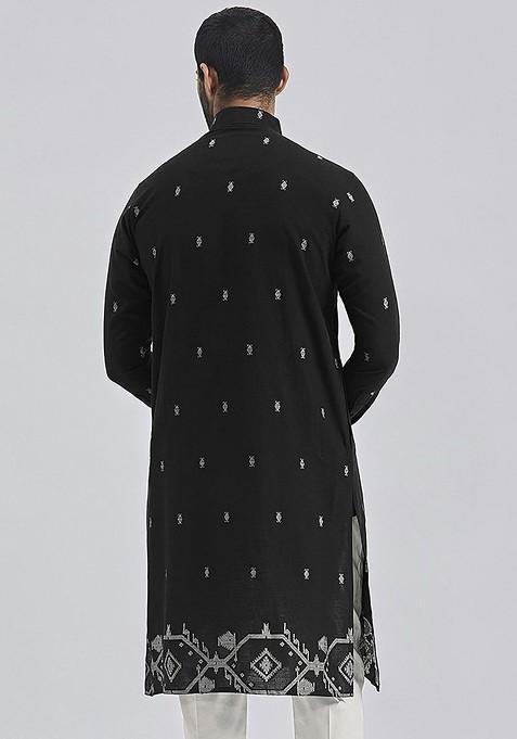 Black Ethnic Motifs Jacquard Kurta For Men