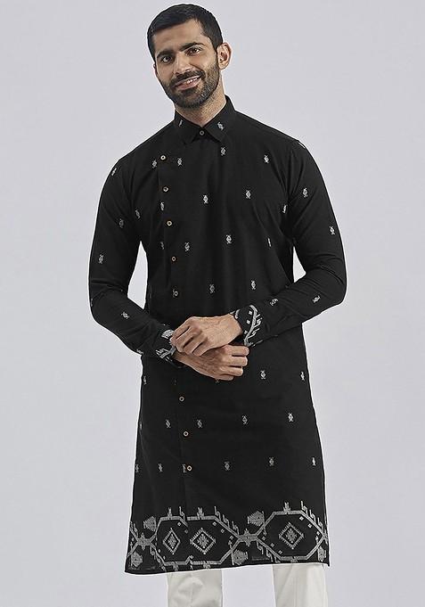 Black Ethnic Motifs Jacquard Kurta For Men