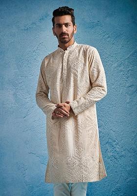 Cream Embellished Poly Blend Kurta For Men