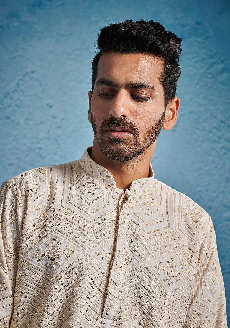 Cream Embellished Poly Blend Kurta For Men