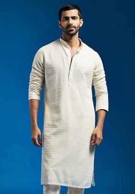 Cream Embroidered Georgette Kurta For Men