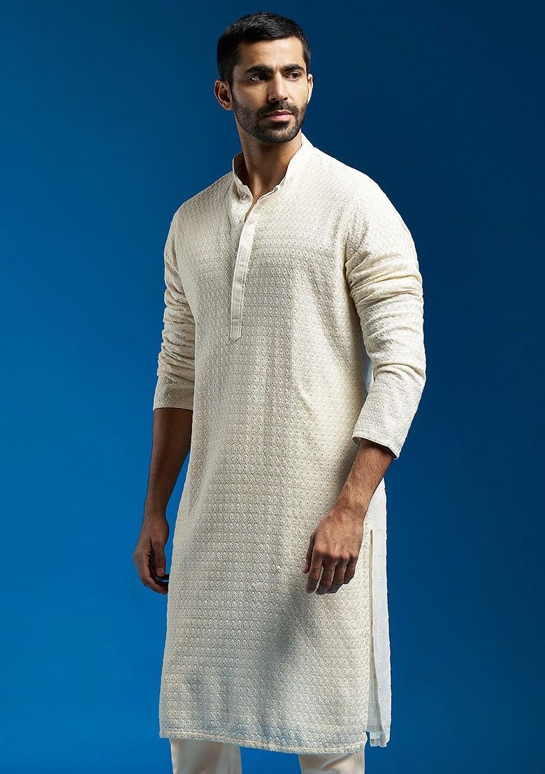 Cream Embroidered Georgette Kurta For Men