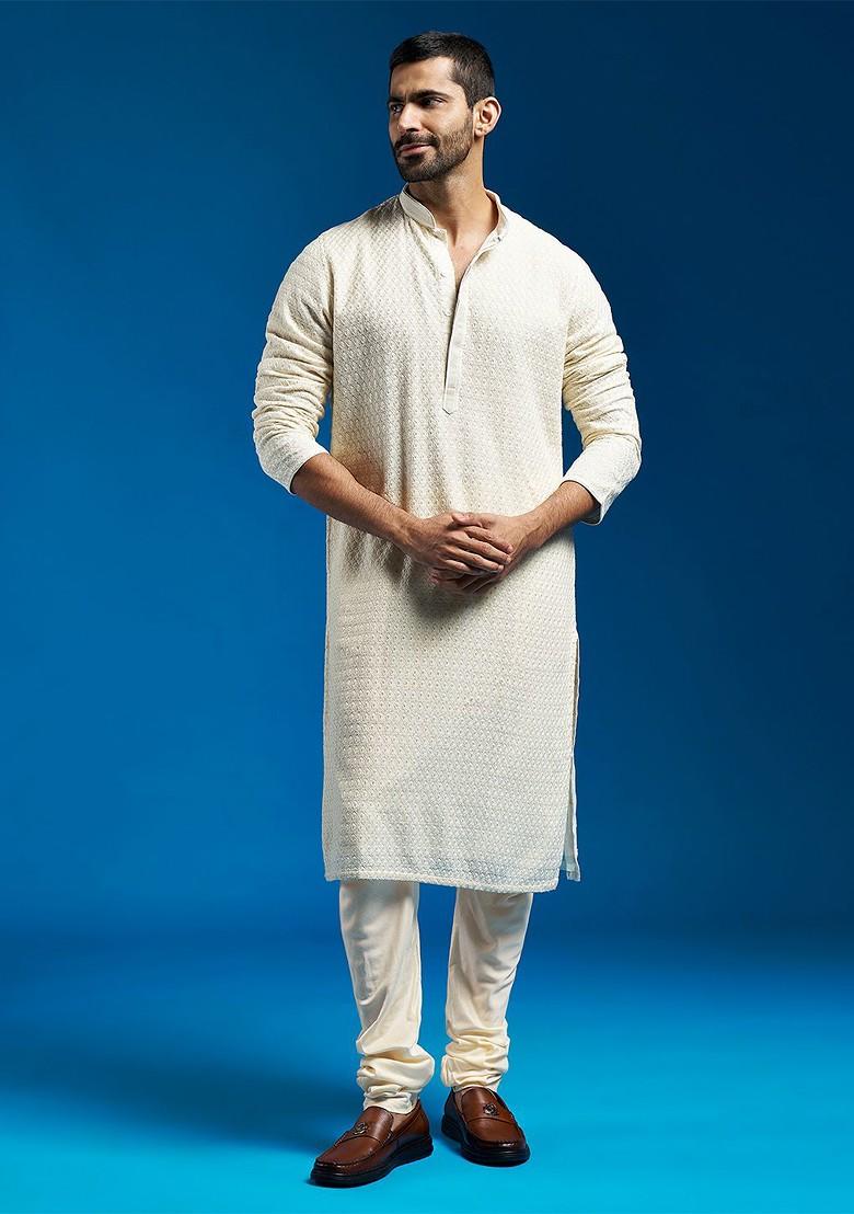 Cream Embroidered Georgette Kurta For Men