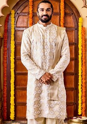 Cream Floral Print Poly Blend Kurta For Men