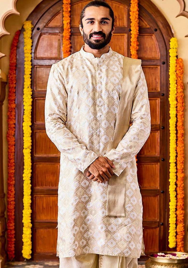 Cream Floral Print Poly Blend Kurta For Men - Indya