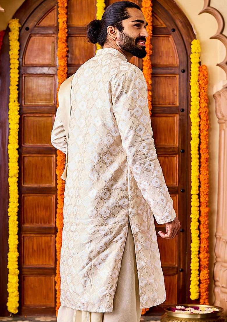 Cream Floral Print Poly Blend Kurta For Men - Indya