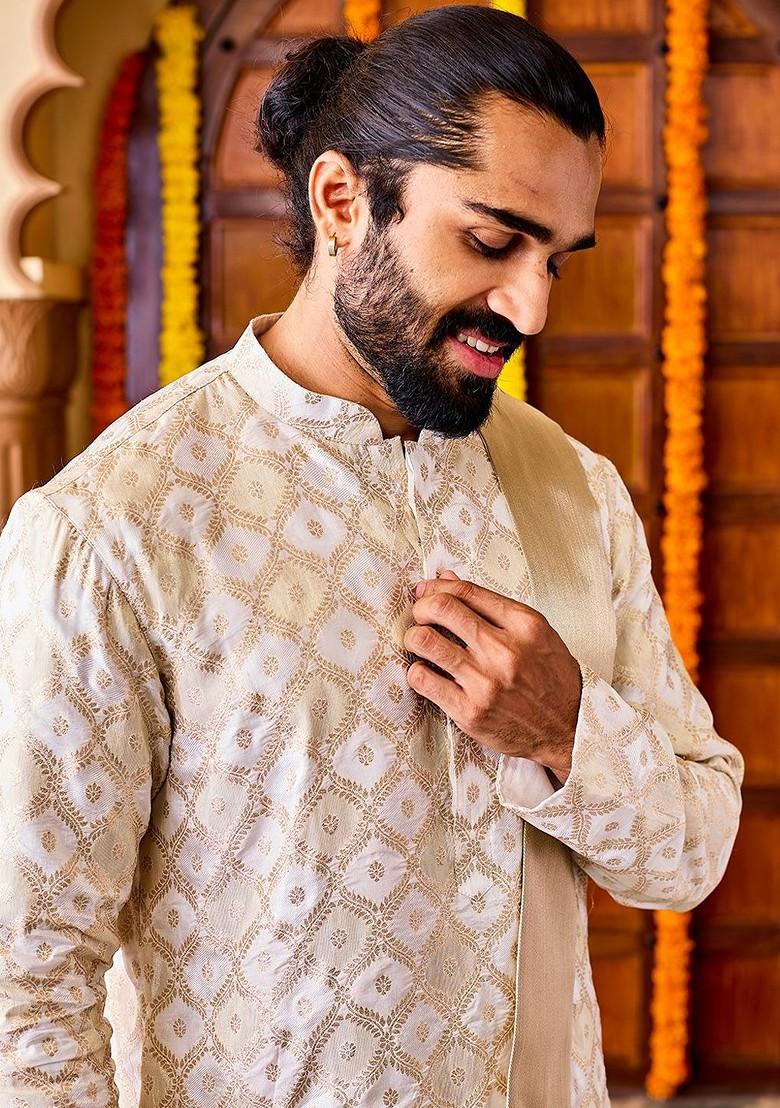 Cream Floral Print Poly Blend Kurta For Men
