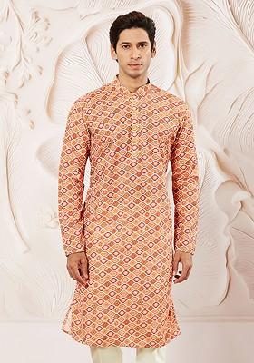 Orange Ethnic Motifs Muslin Kurta For Men