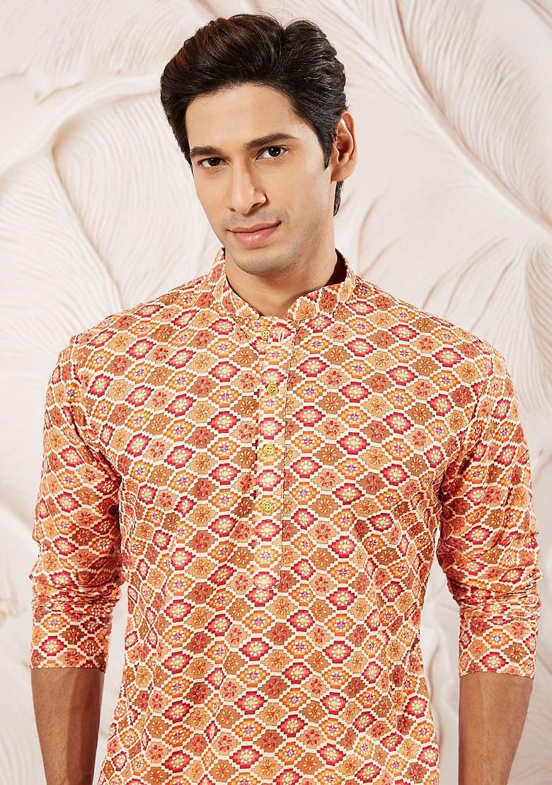 Orange Ethnic Motifs Muslin Kurta For Men