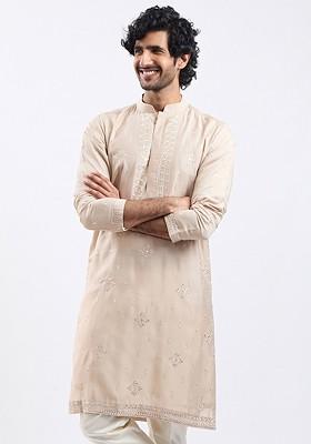 Grey Ethnic Motifs Silk Kurta For Men