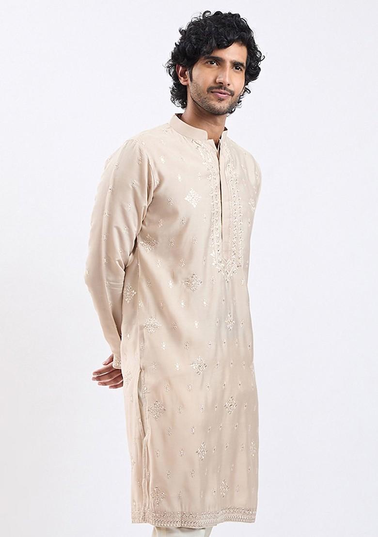 Grey Ethnic Motifs Silk Kurta For Men