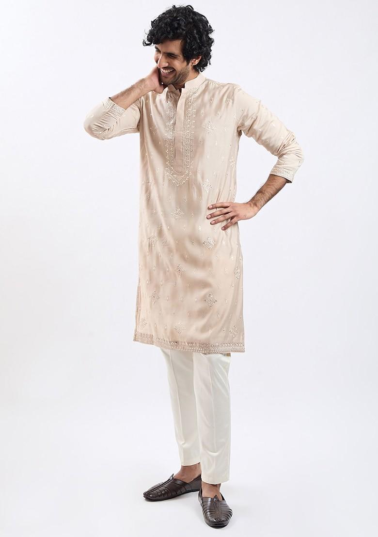 Grey Ethnic Motifs Silk Kurta For Men
