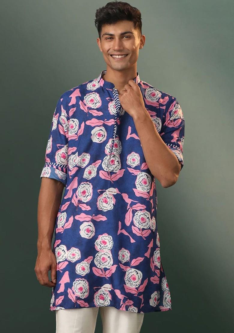 Navy Blue Floral Print Poly Blend Kurta For Men
