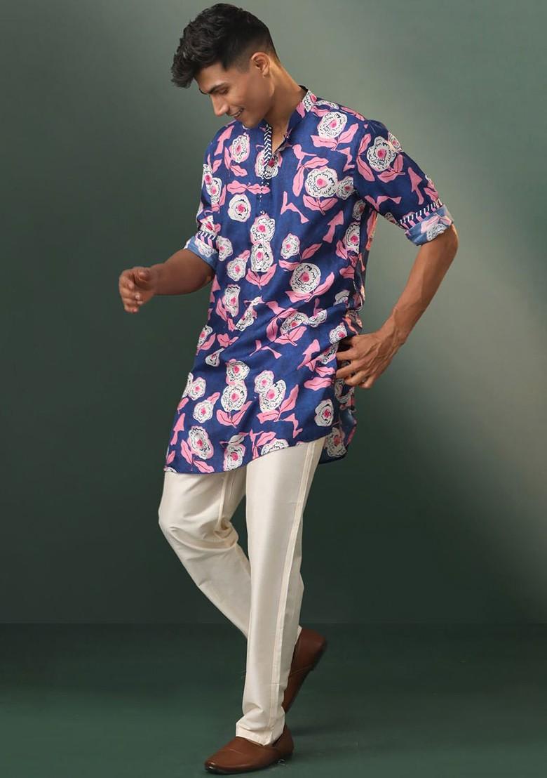 Navy Blue Floral Print Poly Blend Kurta For Men