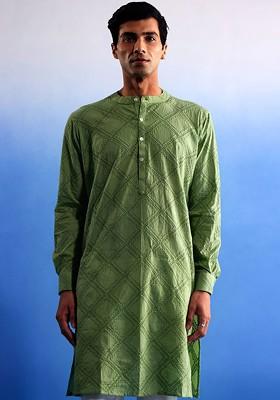 Green Embroidered Cotton Kurta For Men