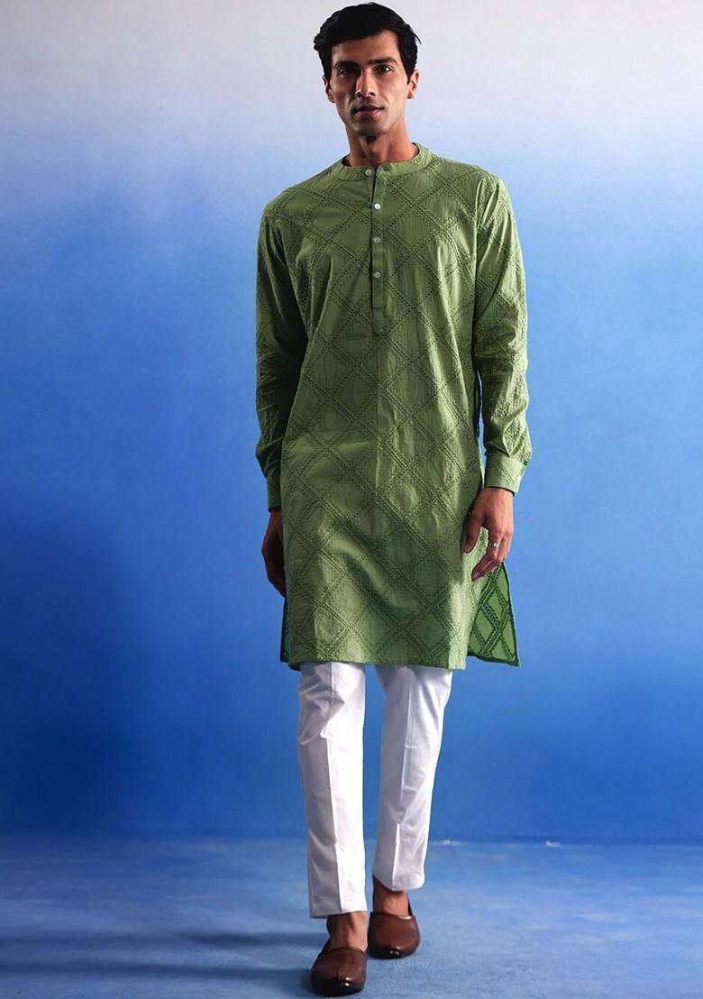Green Embroidered Cotton Kurta For Men