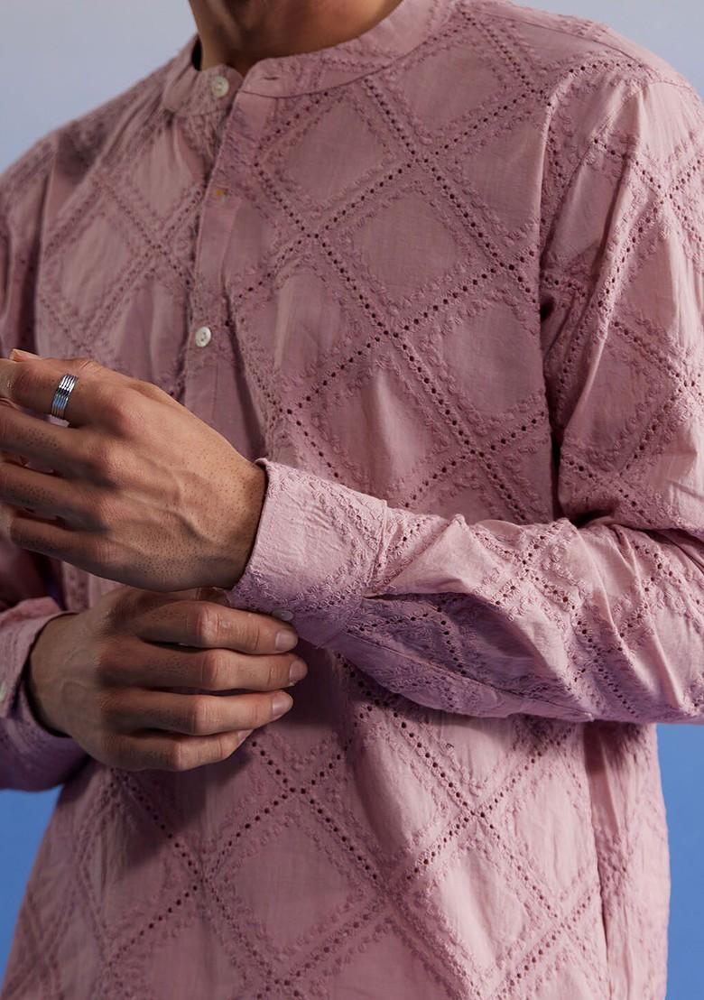 Pink Embroidered Cotton Kurta For Men