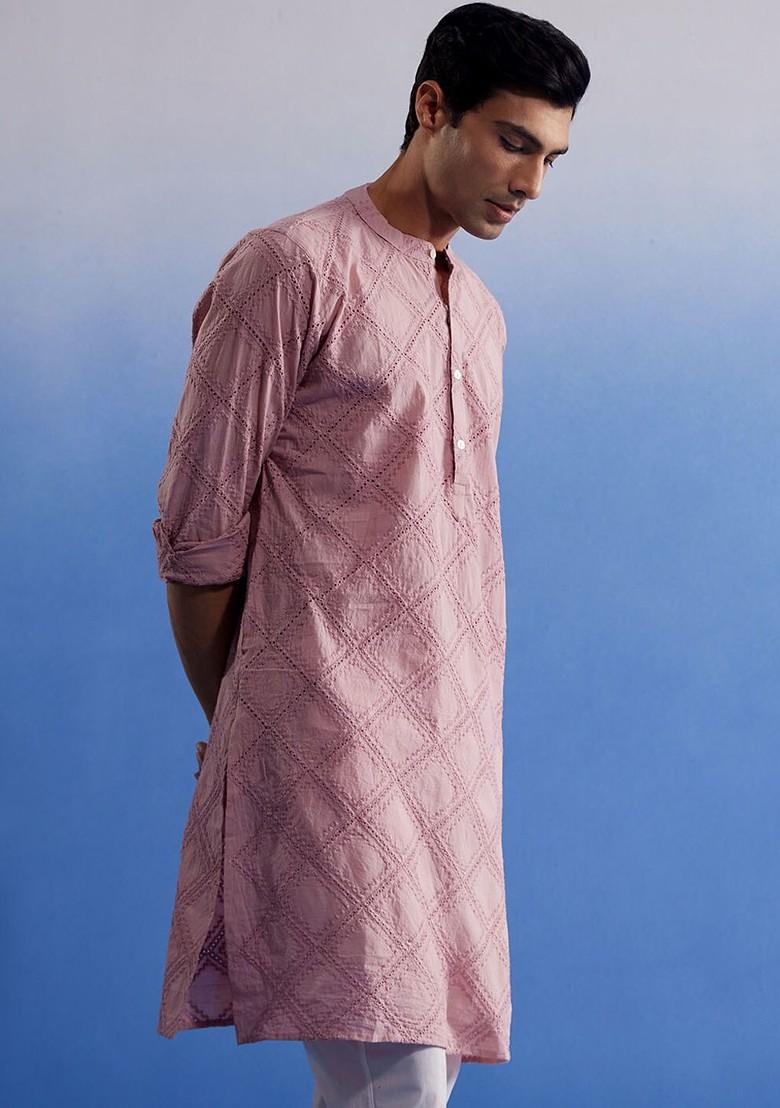 Pink Embroidered Cotton Kurta For Men