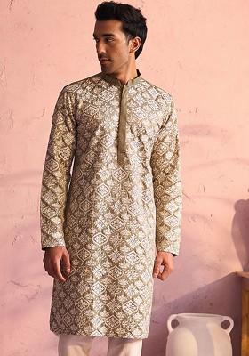 Green Ethnic Motifs Poly Blend Kurta For Men