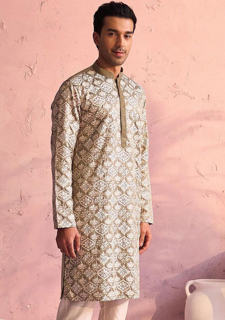 Green Ethnic Motifs Poly Blend Kurta For Men