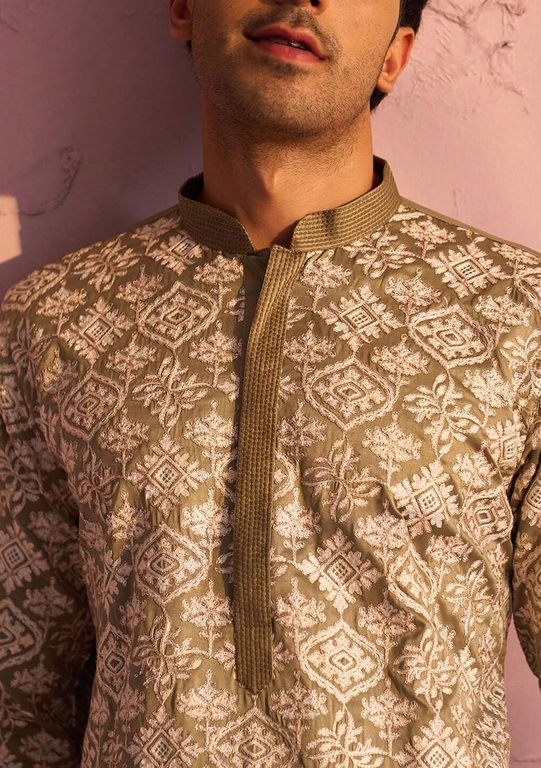 Green Ethnic Motifs Poly Blend Kurta For Men