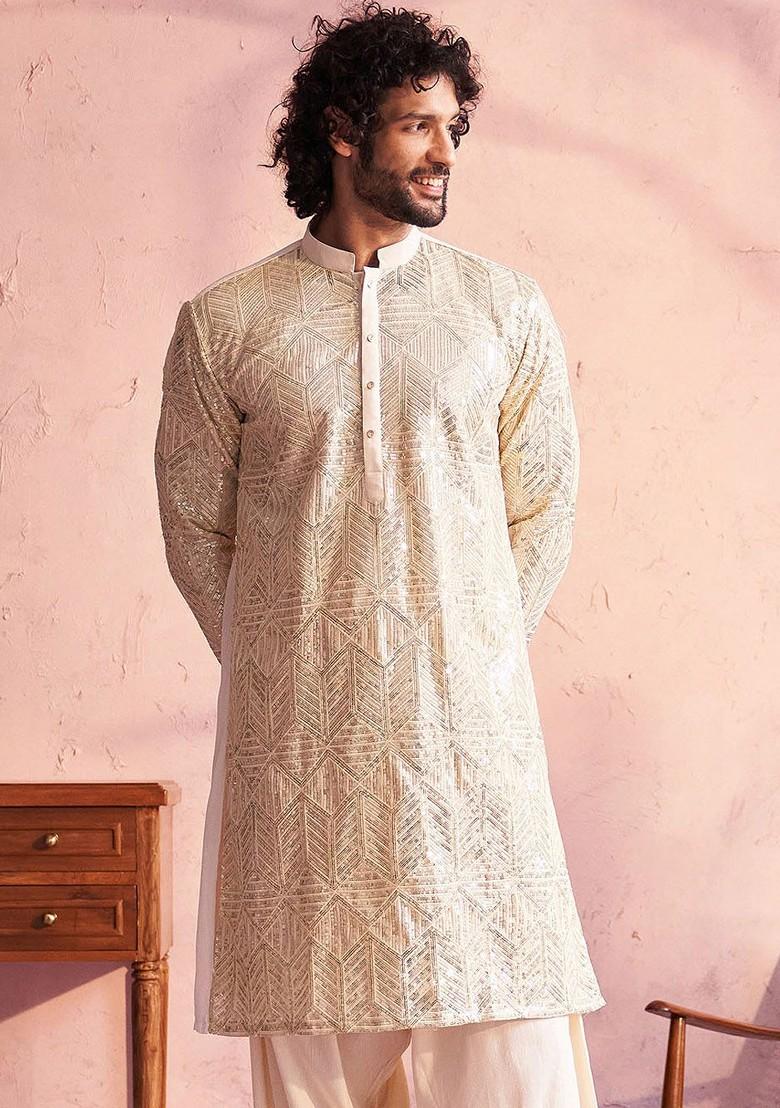 Cream Embellished Poly Blend Kurta For Men