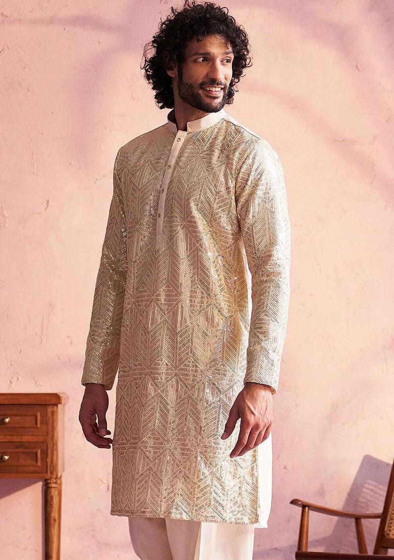 Cream Embellished Poly Blend Kurta For Men