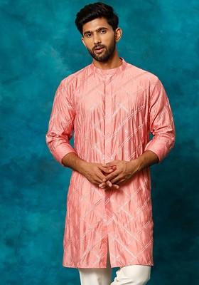 Pink Embellished Poly Blend Kurta For Men