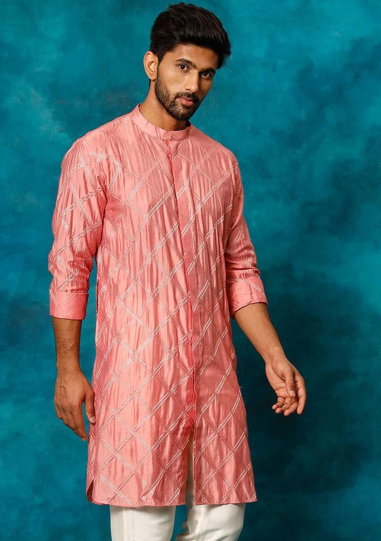 Pink Embellished Poly Blend Kurta For Men