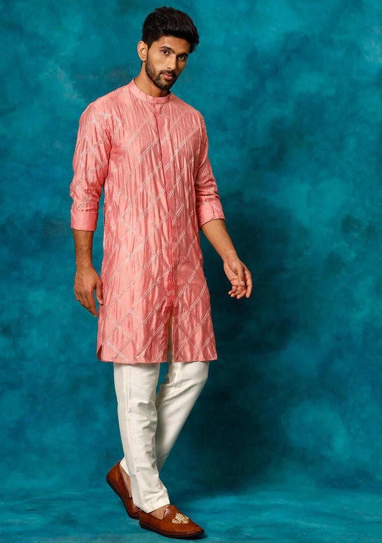 Pink Embellished Poly Blend Kurta For Men