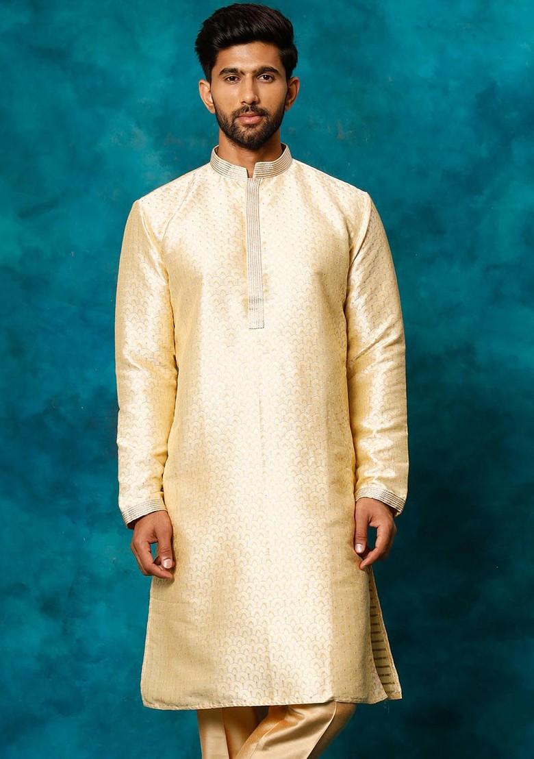 Gold Solid Jacquard Kurta For Men