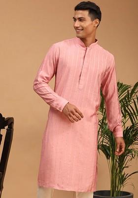 Pink Striped Poly Blend Kurta For Men