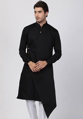 Black Solid Poly Blend Kurta For Men