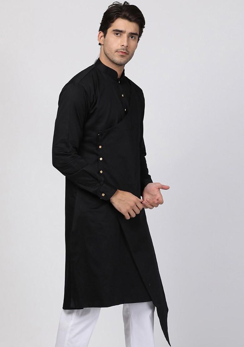 Black Solid Poly Blend Kurta For Men