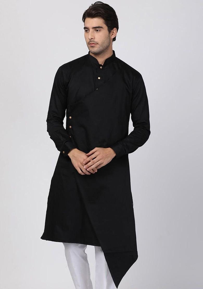 Black Solid Poly Blend Kurta For Men