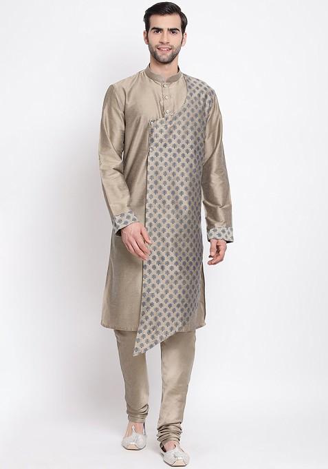 Beige Woven Poly Blend Kurta For Men — view on Indya