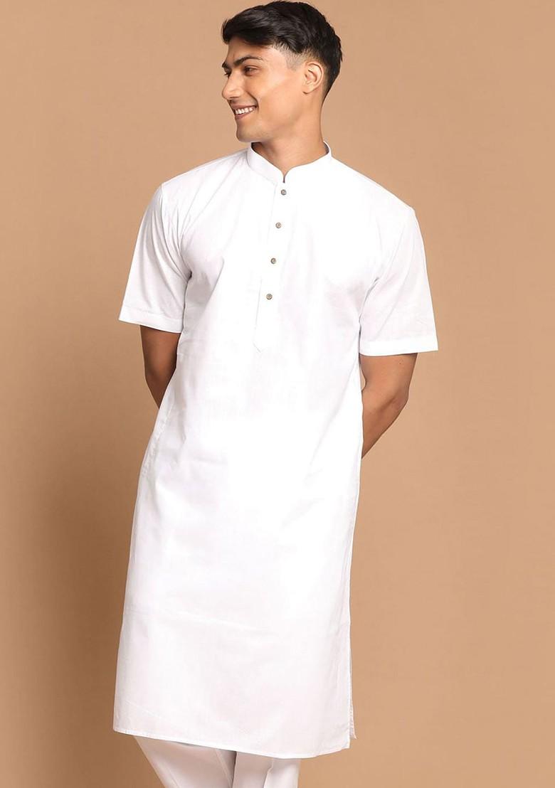 White Solid Cotton Kurta For Men