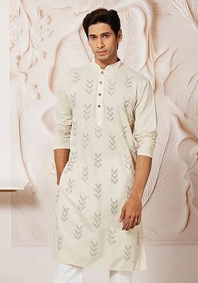 Cream Ethnic Motifs Cotton Kurta For Men