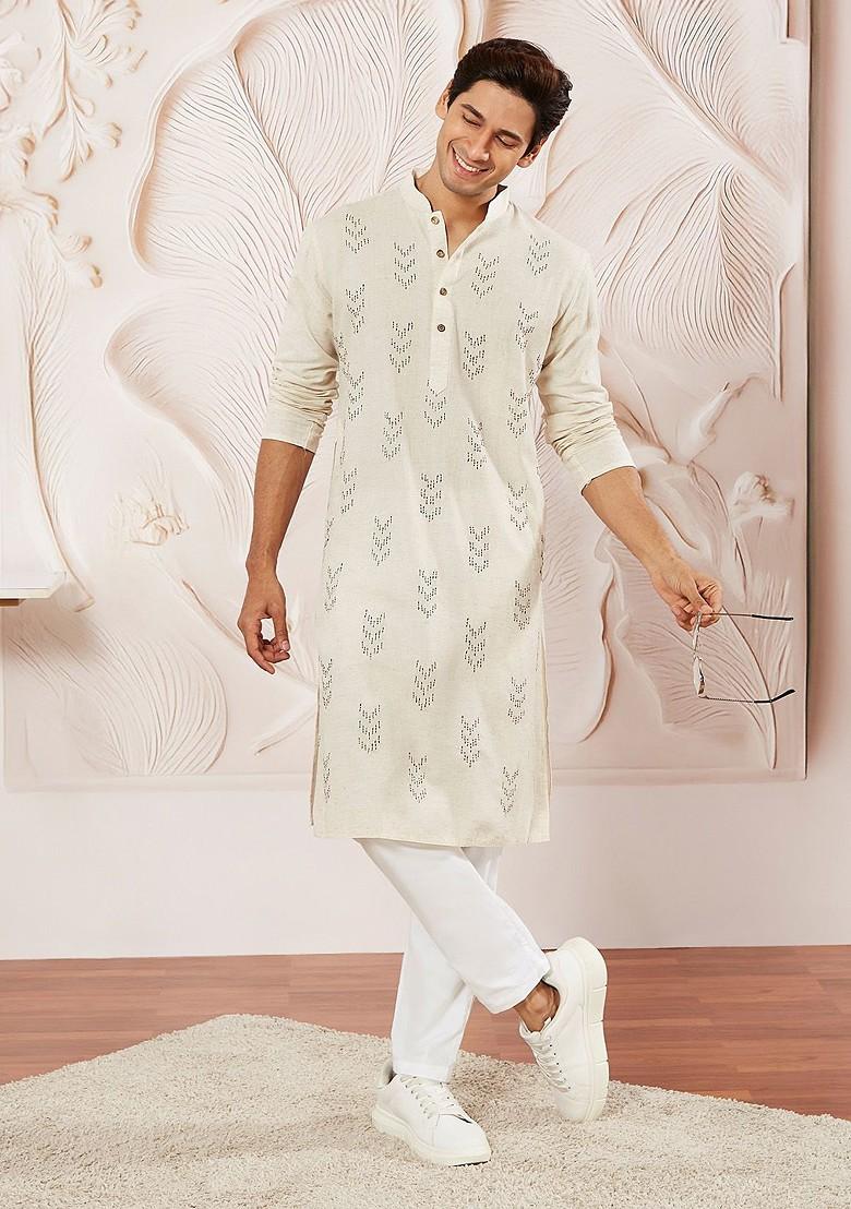 Cream Ethnic Motifs Cotton Kurta For Men