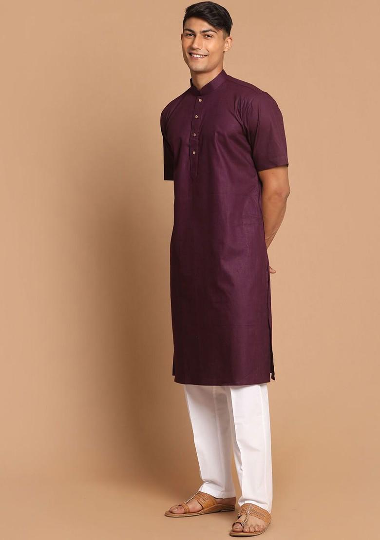 Purple Solid Cotton Kurta For Men