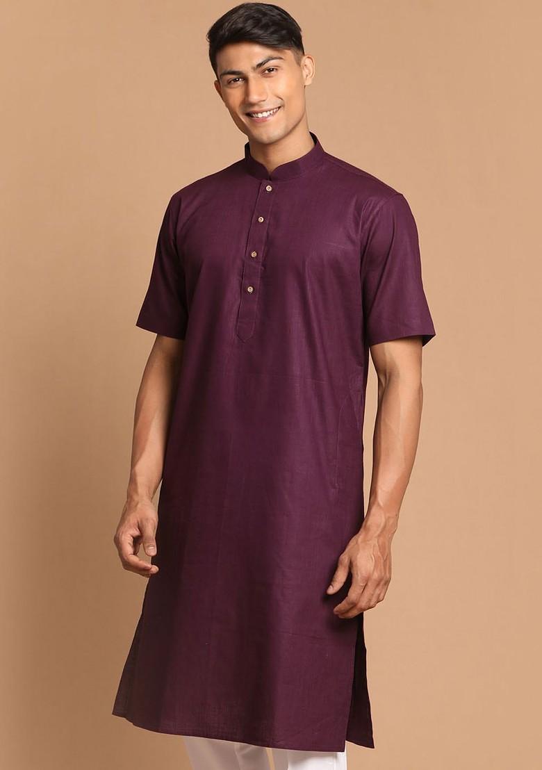 Purple Solid Cotton Kurta For Men
