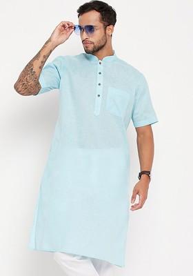 Turquoise Blue Solid Poly Blend Kurta For Men