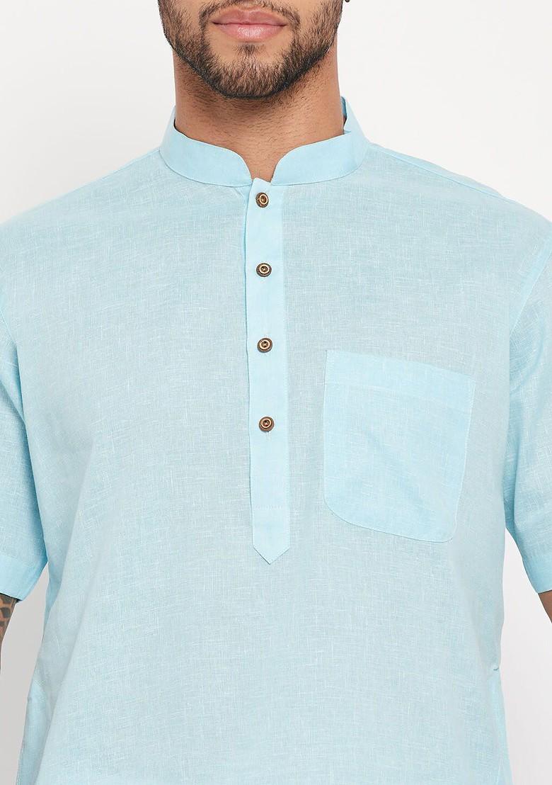 Turquoise Blue Solid Poly Blend Kurta For Men