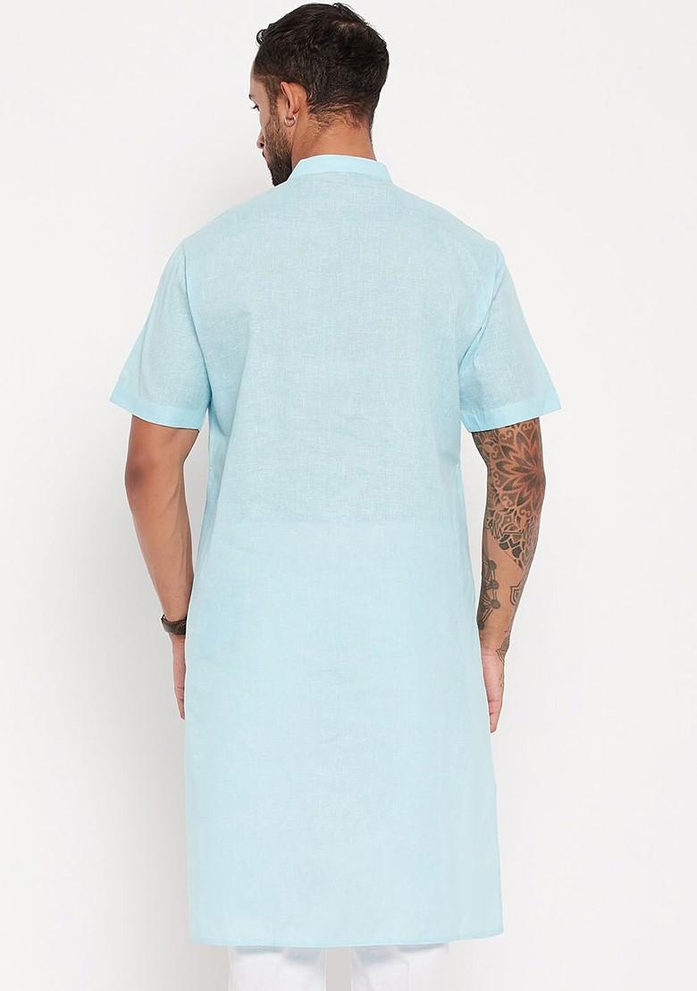 Turquoise Blue Solid Poly Blend Kurta For Men