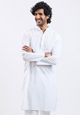 White Solid Cotton Kurta For Men